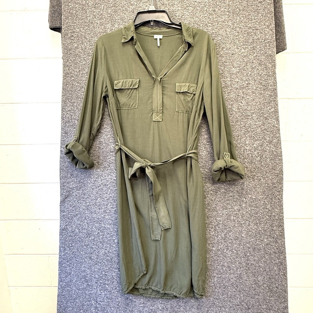 Splendid Shirt Dress Womens Large Midi Olive Green Roll Tab Sleeves Utility Chic